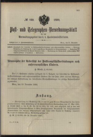 Post- und Telegraphen-Verordnungsblatt für das Verwaltungsgebiet des K.-K. Handelsministeriums 18921231 Seite: 1