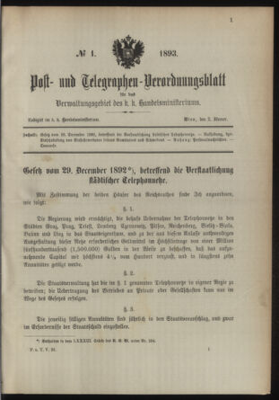 Post- und Telegraphen-Verordnungsblatt für das Verwaltungsgebiet des K.-K. Handelsministeriums 18930102 Seite: 1