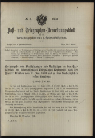 Post- und Telegraphen-Verordnungsblatt für das Verwaltungsgebiet des K.-K. Handelsministeriums 18930107 Seite: 1