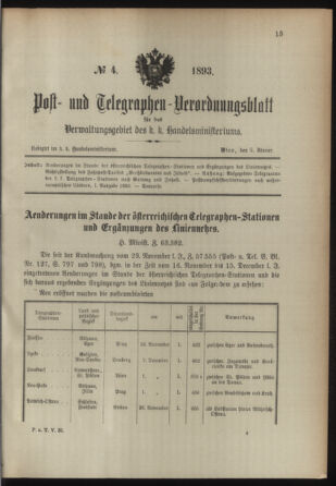 Post- und Telegraphen-Verordnungsblatt für das Verwaltungsgebiet des K.-K. Handelsministeriums 18930109 Seite: 1