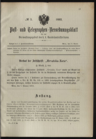 Post- und Telegraphen-Verordnungsblatt für das Verwaltungsgebiet des K.-K. Handelsministeriums 18930110 Seite: 1