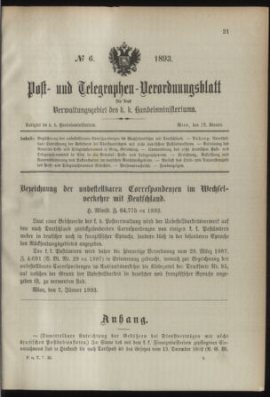 Post- und Telegraphen-Verordnungsblatt für das Verwaltungsgebiet des K.-K. Handelsministeriums 18930112 Seite: 1