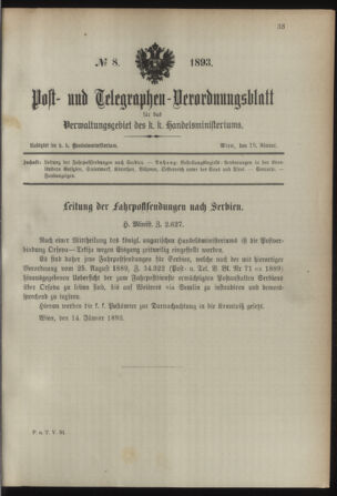 Post- und Telegraphen-Verordnungsblatt für das Verwaltungsgebiet des K.-K. Handelsministeriums 18930118 Seite: 1