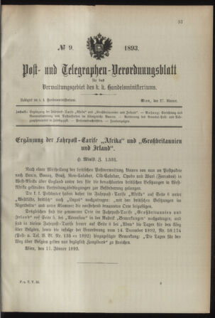 Post- und Telegraphen-Verordnungsblatt für das Verwaltungsgebiet des K.-K. Handelsministeriums 18930127 Seite: 1