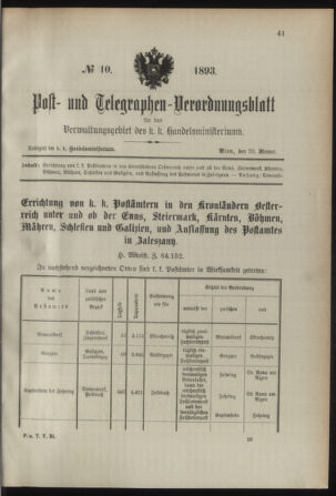 Post- und Telegraphen-Verordnungsblatt für das Verwaltungsgebiet des K.-K. Handelsministeriums 18930128 Seite: 1