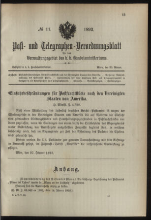 Post- und Telegraphen-Verordnungsblatt für das Verwaltungsgebiet des K.-K. Handelsministeriums 18930130 Seite: 1