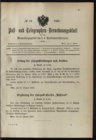 Post- und Telegraphen-Verordnungsblatt für das Verwaltungsgebiet des K.-K. Handelsministeriums 18930131 Seite: 1