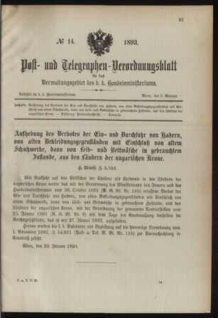 Post- und Telegraphen-Verordnungsblatt für das Verwaltungsgebiet des K.-K. Handelsministeriums 18930203 Seite: 1