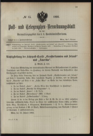 Post- und Telegraphen-Verordnungsblatt für das Verwaltungsgebiet des K.-K. Handelsministeriums 18930206 Seite: 1