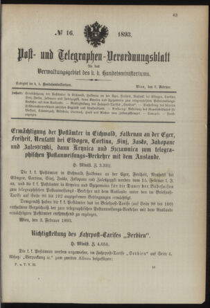 Post- und Telegraphen-Verordnungsblatt für das Verwaltungsgebiet des K.-K. Handelsministeriums 18930209 Seite: 1