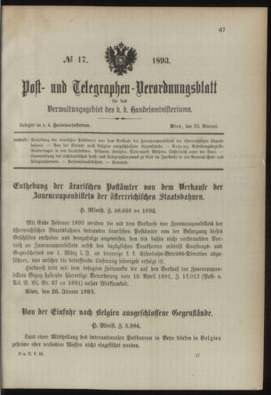 Post- und Telegraphen-Verordnungsblatt für das Verwaltungsgebiet des K.-K. Handelsministeriums 18930210 Seite: 1