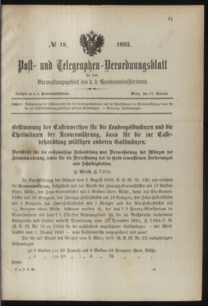 Post- und Telegraphen-Verordnungsblatt für das Verwaltungsgebiet des K.-K. Handelsministeriums 18930216 Seite: 1