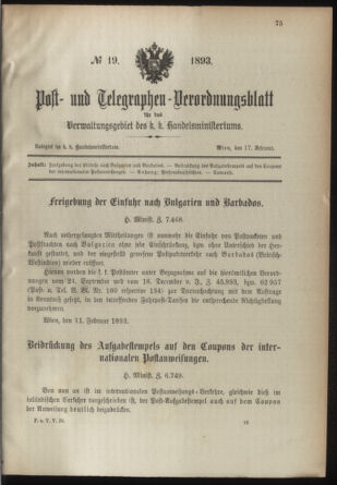 Post- und Telegraphen-Verordnungsblatt für das Verwaltungsgebiet des K.-K. Handelsministeriums 18930217 Seite: 1