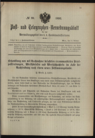 Post- und Telegraphen-Verordnungsblatt für das Verwaltungsgebiet des K.-K. Handelsministeriums 18930218 Seite: 1