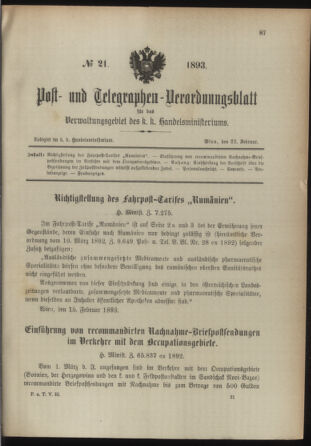 Post- und Telegraphen-Verordnungsblatt für das Verwaltungsgebiet des K.-K. Handelsministeriums 18930222 Seite: 1