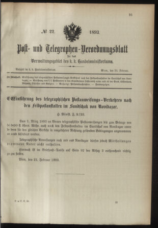 Post- und Telegraphen-Verordnungsblatt für das Verwaltungsgebiet des K.-K. Handelsministeriums 18930225 Seite: 1