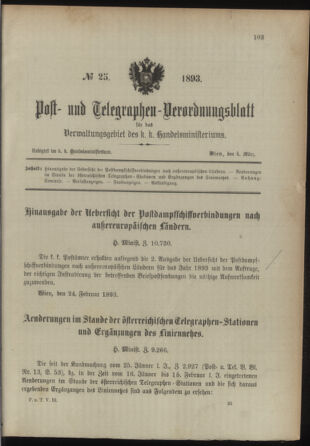 Post- und Telegraphen-Verordnungsblatt für das Verwaltungsgebiet des K.-K. Handelsministeriums 18930304 Seite: 1