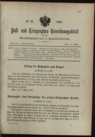 Post- und Telegraphen-Verordnungsblatt für das Verwaltungsgebiet des K.-K. Handelsministeriums 18930309 Seite: 1