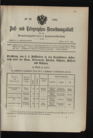 Post- und Telegraphen-Verordnungsblatt für das Verwaltungsgebiet des K.-K. Handelsministeriums 18930324 Seite: 1