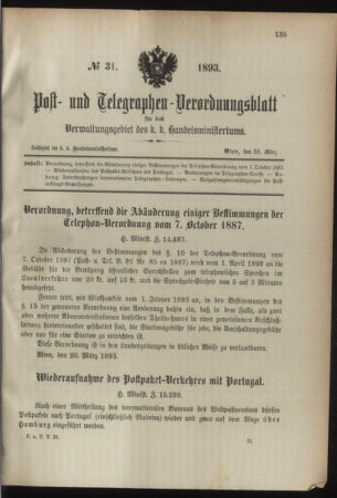 Post- und Telegraphen-Verordnungsblatt für das Verwaltungsgebiet des K.-K. Handelsministeriums 18930328 Seite: 1