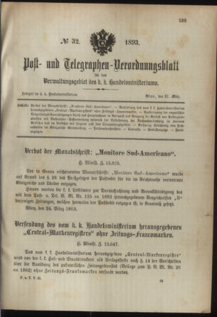 Post- und Telegraphen-Verordnungsblatt für das Verwaltungsgebiet des K.-K. Handelsministeriums