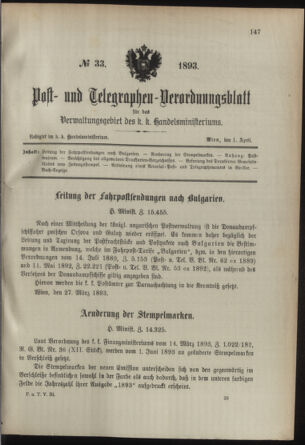 Post- und Telegraphen-Verordnungsblatt für das Verwaltungsgebiet des K.-K. Handelsministeriums 18930401 Seite: 1