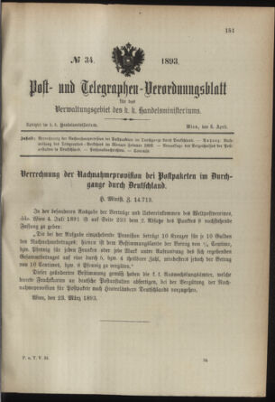 Post- und Telegraphen-Verordnungsblatt für das Verwaltungsgebiet des K.-K. Handelsministeriums 18930405 Seite: 1