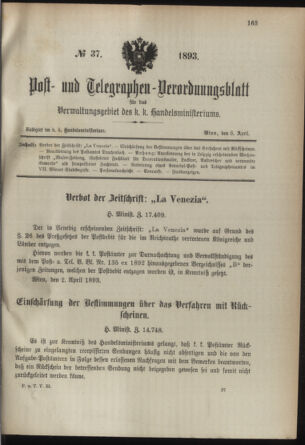 Post- und Telegraphen-Verordnungsblatt für das Verwaltungsgebiet des K.-K. Handelsministeriums 18930408 Seite: 1