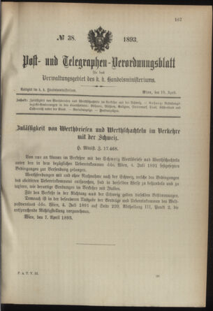 Post- und Telegraphen-Verordnungsblatt für das Verwaltungsgebiet des K.-K. Handelsministeriums 18930410 Seite: 1