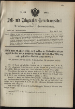 Post- und Telegraphen-Verordnungsblatt für das Verwaltungsgebiet des K.-K. Handelsministeriums 18930411 Seite: 1