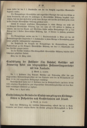 Post- und Telegraphen-Verordnungsblatt für das Verwaltungsgebiet des K.-K. Handelsministeriums 18930411 Seite: 3