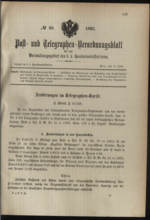 Post- und Telegraphen-Verordnungsblatt für das Verwaltungsgebiet des K.-K. Handelsministeriums 18930414 Seite: 1