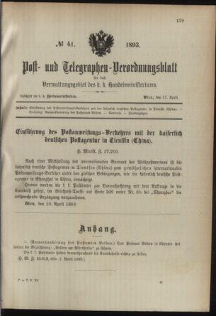 Post- und Telegraphen-Verordnungsblatt für das Verwaltungsgebiet des K.-K. Handelsministeriums 18930417 Seite: 1