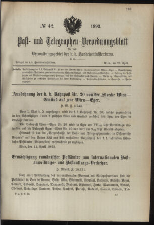 Post- und Telegraphen-Verordnungsblatt für das Verwaltungsgebiet des K.-K. Handelsministeriums 18930422 Seite: 1