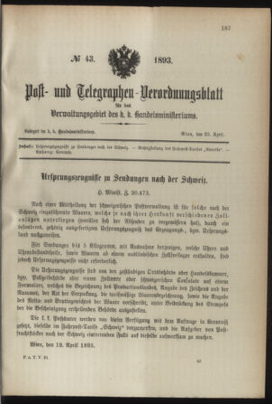 Post- und Telegraphen-Verordnungsblatt für das Verwaltungsgebiet des K.-K. Handelsministeriums 18930423 Seite: 1