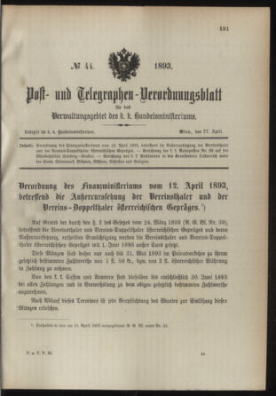 Post- und Telegraphen-Verordnungsblatt für das Verwaltungsgebiet des K.-K. Handelsministeriums 18930427 Seite: 1