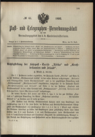 Post- und Telegraphen-Verordnungsblatt für das Verwaltungsgebiet des K.-K. Handelsministeriums 18930429 Seite: 1