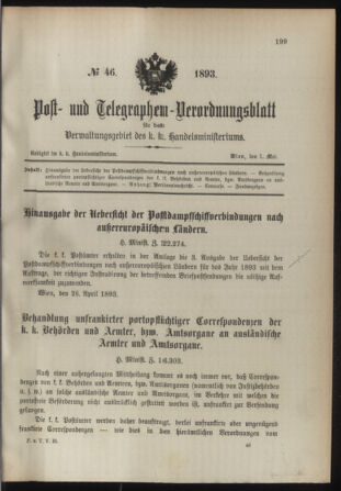 Post- und Telegraphen-Verordnungsblatt für das Verwaltungsgebiet des K.-K. Handelsministeriums 18930501 Seite: 1