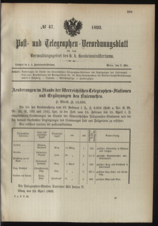 Post- und Telegraphen-Verordnungsblatt für das Verwaltungsgebiet des K.-K. Handelsministeriums 18930502 Seite: 1