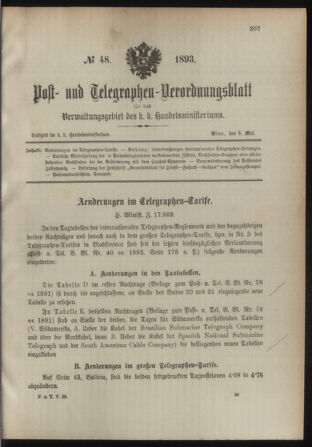 Post- und Telegraphen-Verordnungsblatt für das Verwaltungsgebiet des K.-K. Handelsministeriums 18930505 Seite: 1