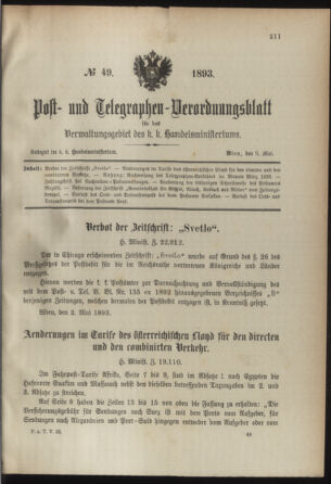 Post- und Telegraphen-Verordnungsblatt für das Verwaltungsgebiet des K.-K. Handelsministeriums 18930509 Seite: 1