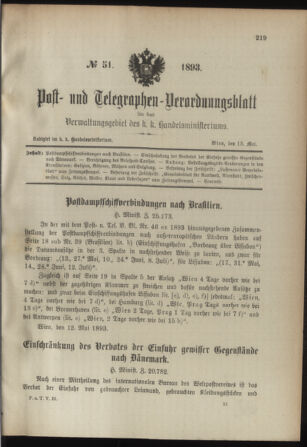 Post- und Telegraphen-Verordnungsblatt für das Verwaltungsgebiet des K.-K. Handelsministeriums 18930515 Seite: 1