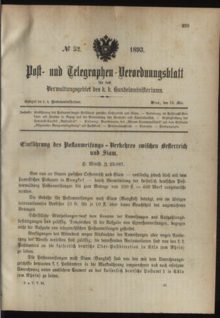 Post- und Telegraphen-Verordnungsblatt für das Verwaltungsgebiet des K.-K. Handelsministeriums 18930519 Seite: 1