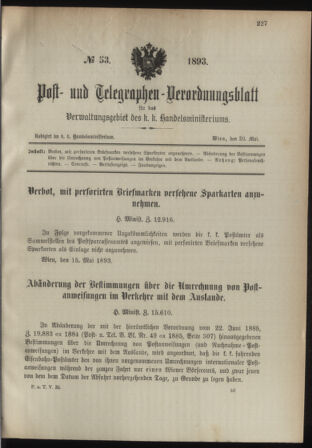 Post- und Telegraphen-Verordnungsblatt für das Verwaltungsgebiet des K.-K. Handelsministeriums 18930520 Seite: 1