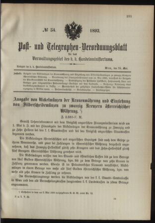 Post- und Telegraphen-Verordnungsblatt für das Verwaltungsgebiet des K.-K. Handelsministeriums 18930525 Seite: 1