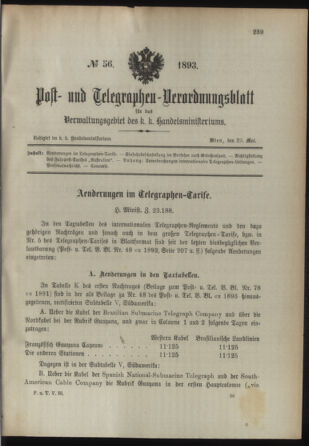 Post- und Telegraphen-Verordnungsblatt für das Verwaltungsgebiet des K.-K. Handelsministeriums 18930529 Seite: 1