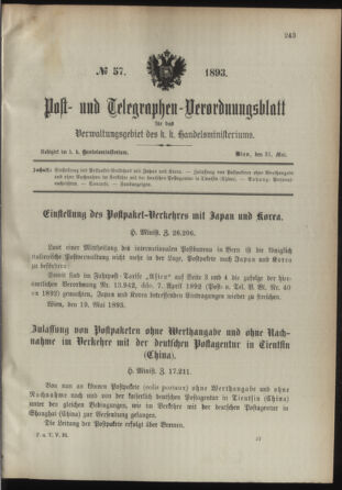 Post- und Telegraphen-Verordnungsblatt für das Verwaltungsgebiet des K.-K. Handelsministeriums 18930531 Seite: 1