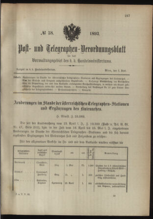 Post- und Telegraphen-Verordnungsblatt für das Verwaltungsgebiet des K.-K. Handelsministeriums 18930605 Seite: 1