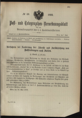 Post- und Telegraphen-Verordnungsblatt für das Verwaltungsgebiet des K.-K. Handelsministeriums 18930607 Seite: 1