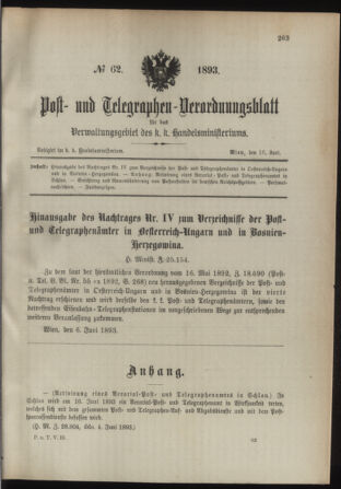 Post- und Telegraphen-Verordnungsblatt für das Verwaltungsgebiet des K.-K. Handelsministeriums 18930616 Seite: 1